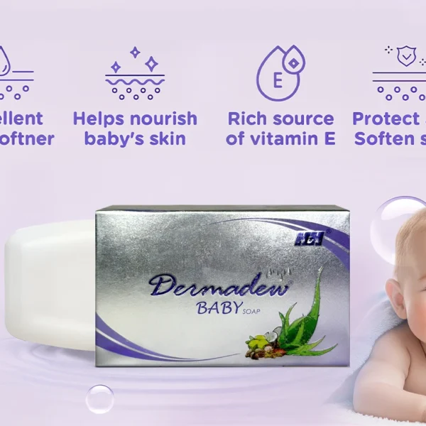 White baby soap bar beside a box labeled "Dermadew Baby Soap," highlighting its skin-softening and nourishing benefits.