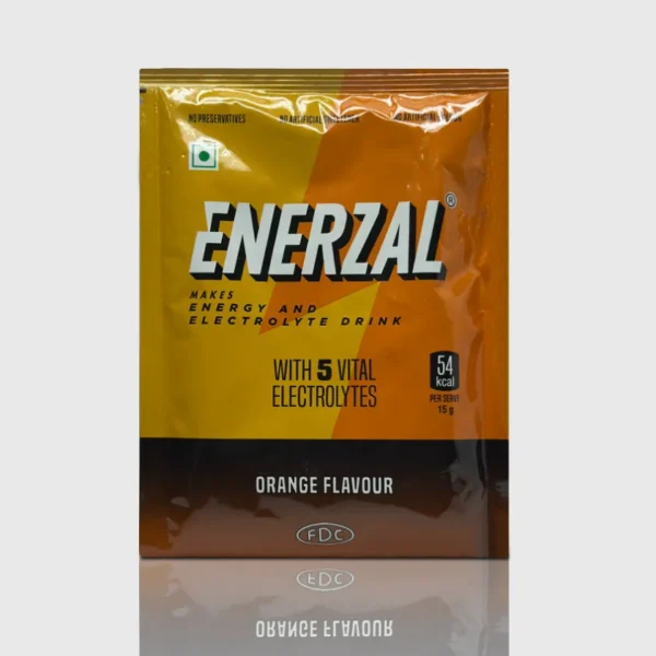 Enerzal energy and electrolyte drink packet, orange flavor.