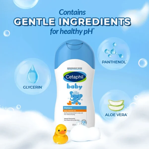 Baby shampoo bottle with gentle ingredients and bubbles.