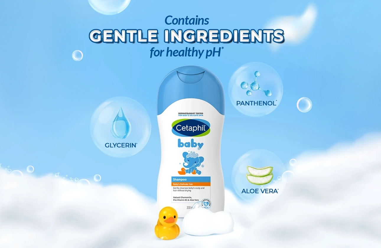 Baby shampoo bottle with gentle ingredients and bubbles.