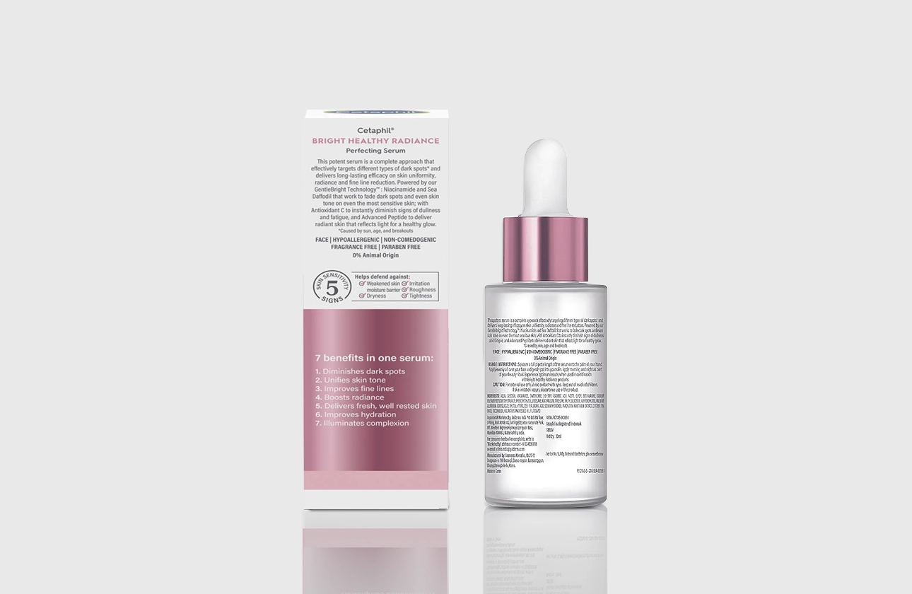 Cetaphil Bright Healthy Radiance Serum bottle highlighting 7 skin benefits like dark spot reduction, even tone, and smoother fine lines.