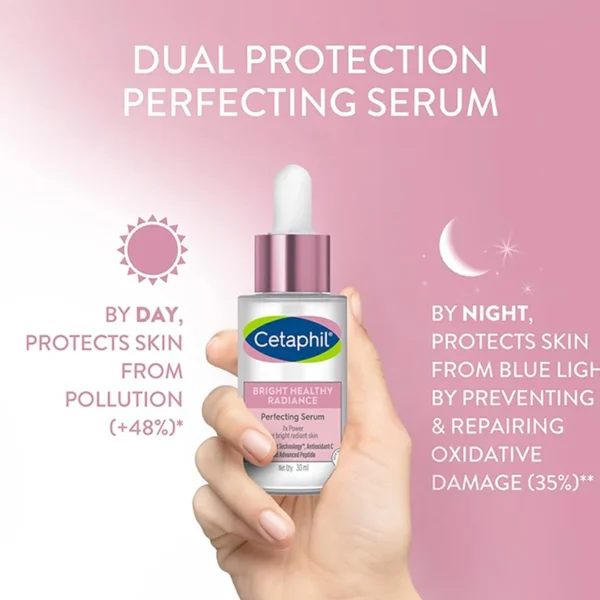 Hand holding Cetaphil Bright Healthy Radiance Perfecting Serum with text highlighting day and night skin protection benefits.