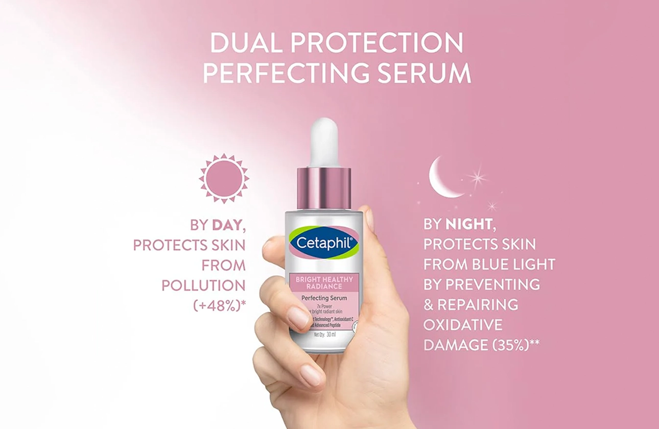 Hand holding Cetaphil Bright Healthy Radiance Perfecting Serum with text highlighting day and night skin protection benefits.