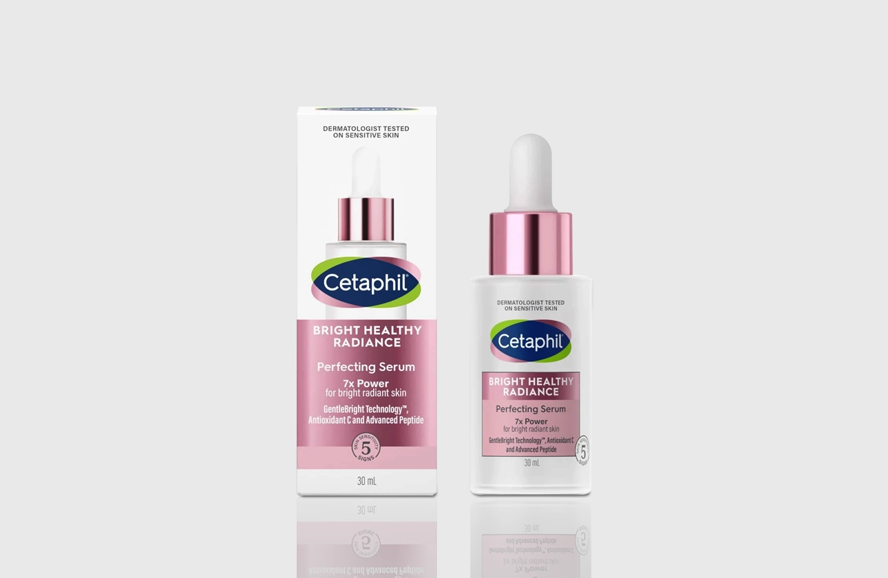 Cetaphil Bright Healthy Radiance Serum – dermatologist-tested, brightening formula with Vitamin E for sensitive skin.