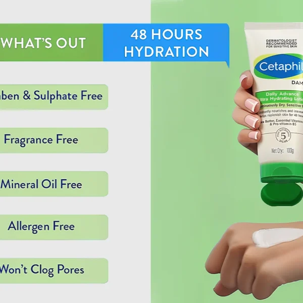 Cetaphil Lotion, free from parabens, sulfates, fragrances, and allergens, applied to a hand.