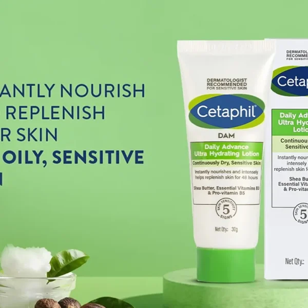 Cetaphil Lotion, a moisturizer with shea butter, vitamins B3, and pro-vitamin B5 for dry, sensitive skin.