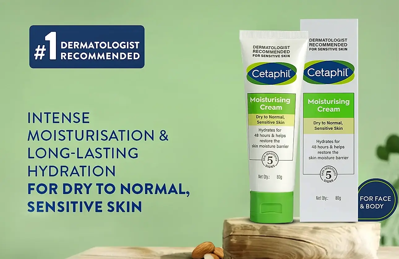 Cetaphil Moisturising Cream for dry to normal sensitive skin, dermatologist-recommended with intense, long-lasting hydration.