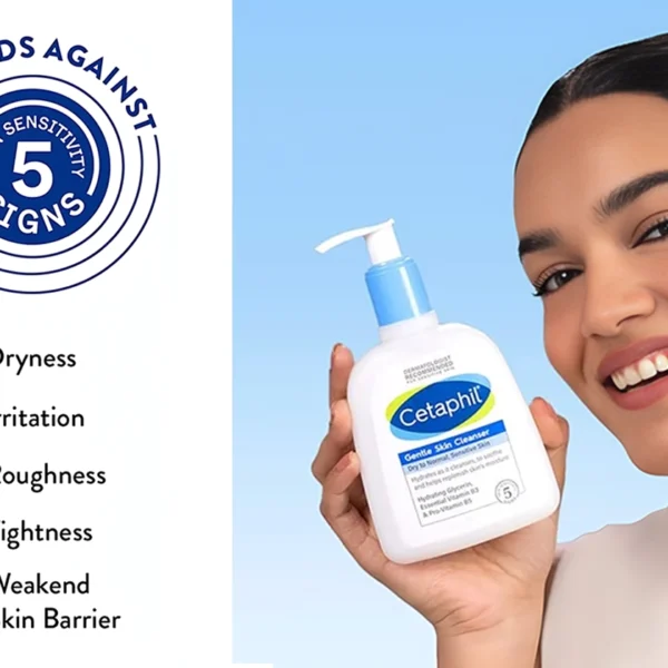 Woman holding a bottle of Cetaphil Gentle Skin Cleanser, highlighting its defense against dryness, irritation, roughness, tightness, and weakened skin barrier.