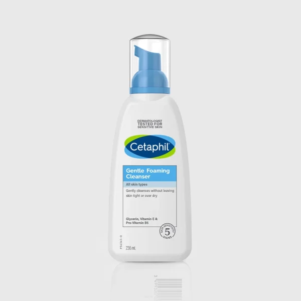 Cetaphil Gentle Foaming Cleanser in a white and light blue bottle with a pump dispenser, designed for all skin types