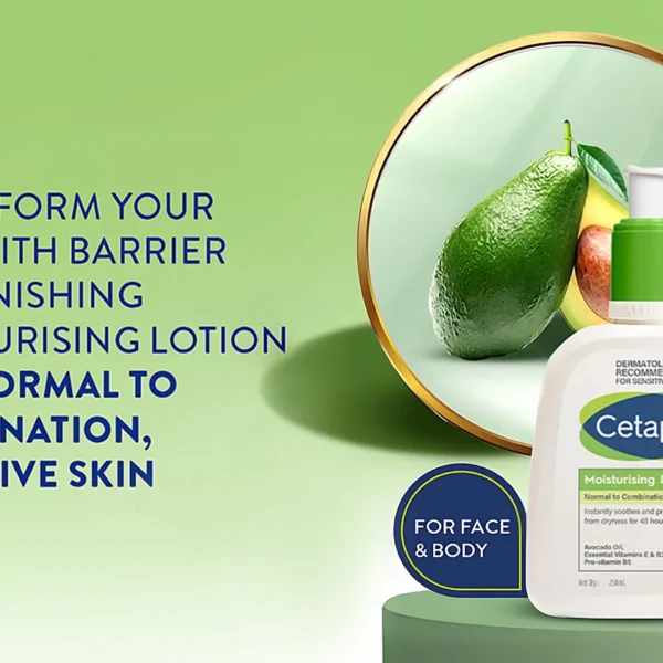 Cetaphil moisturising lotion for normal to combination, sensitive skin, enriched with avocado oil and vitamins, in a white bottle with a green cap.