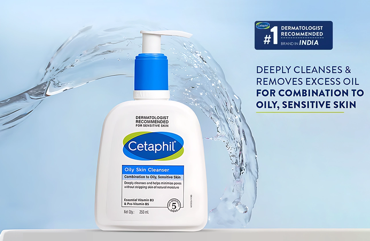 Cetaphil Oily Skin Cleanser bottle with water splash background.