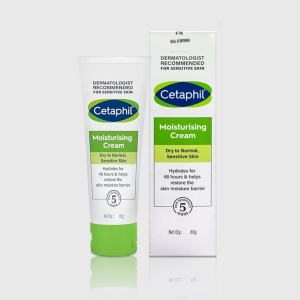 Cetaphil Moisturising Cream tube and box in light green and white packaging.