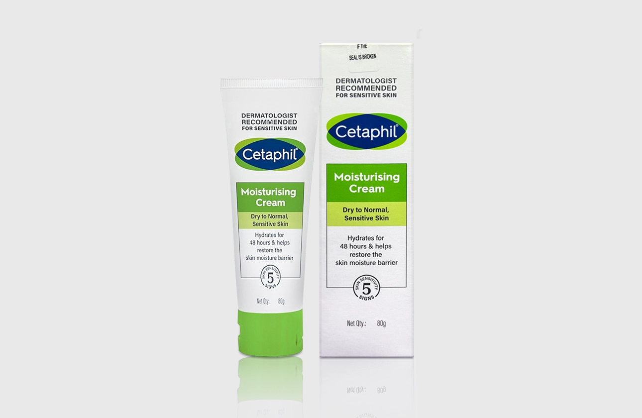 Cetaphil Moisturising Cream tube and box in light green and white packaging.