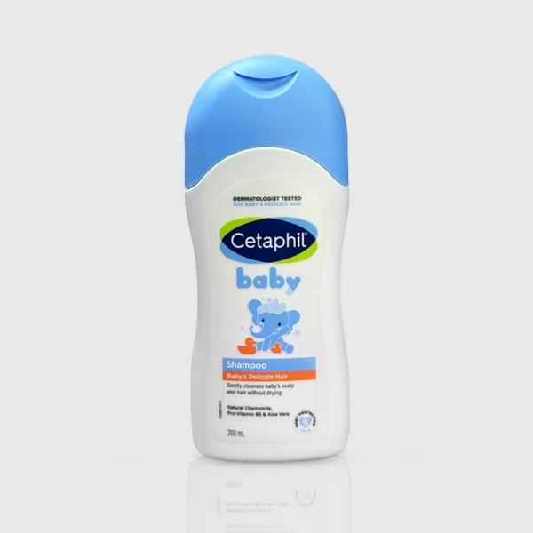 Cetaphil Baby shampoo in a white bottle with light blue accents and a child illustration.