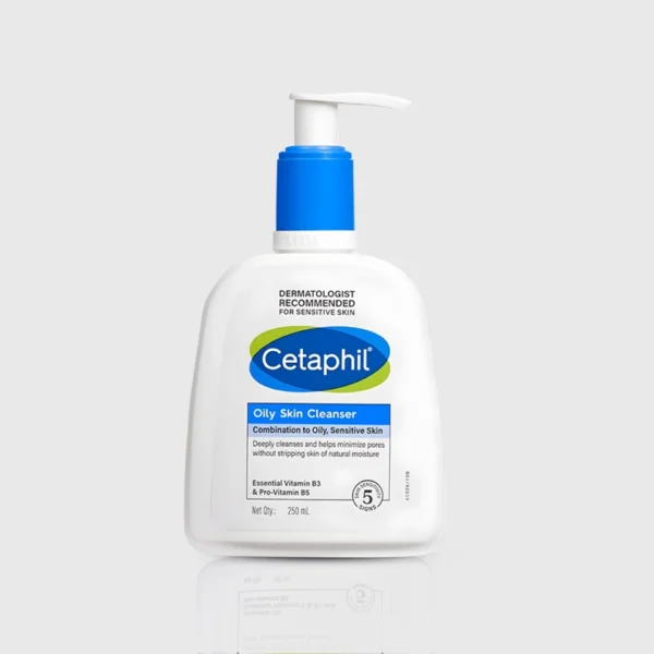 Cetaphil Oily Skin Cleanser 250ml White bottle with blue pump top.