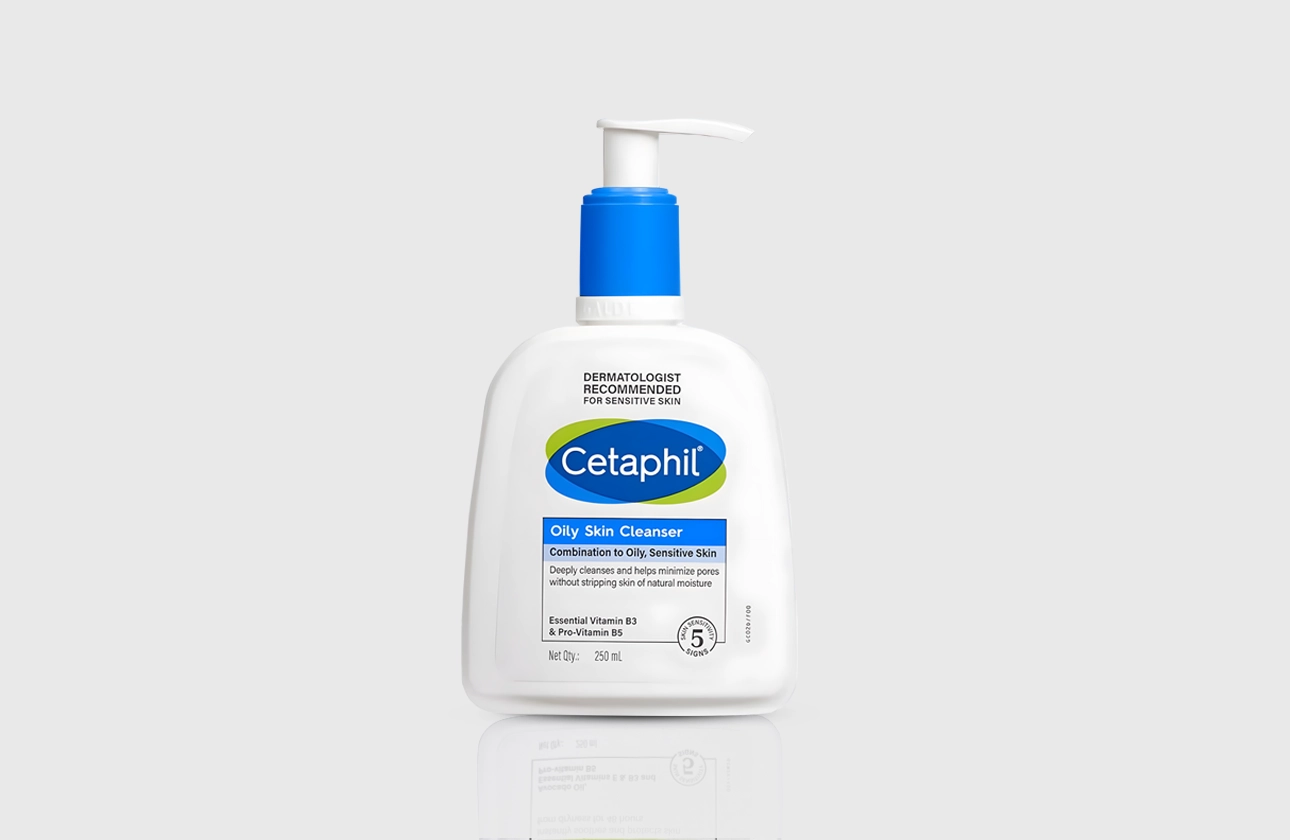 Cetaphil Oily Skin Cleanser 250ml White bottle with blue pump top.