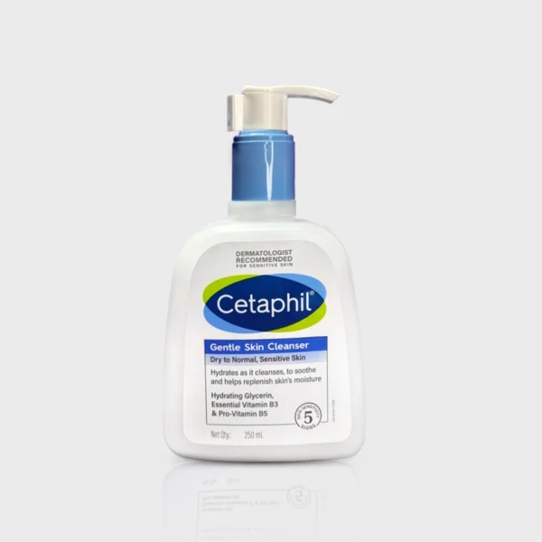 Cetaphil Gentle Skin Cleanser 250ml in a white bottle with a blue cap and pump.