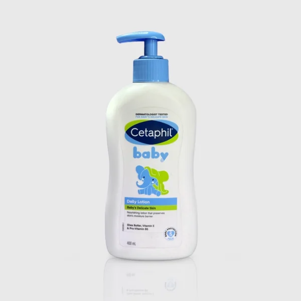 Cetaphil Baby Daily Lotion bottle with a blue pump, featuring a baby illustration and labeled for gentle skin hydration.