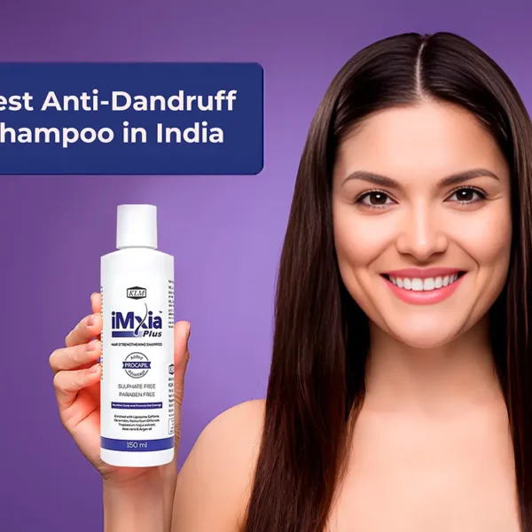 A woman holds iMxia Plus, a top-rated anti-dandruff shampoo known as one of the best in India.