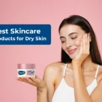 Woman holding a pink skincare jar with headline: Best skincare products for dry skin.
