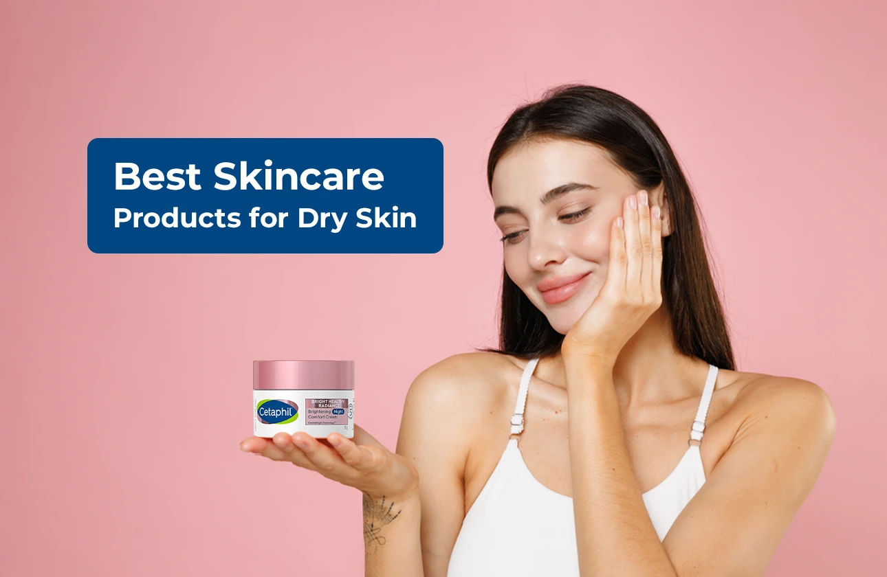 Woman holding a pink skincare jar with headline: Best skincare products for dry skin.
