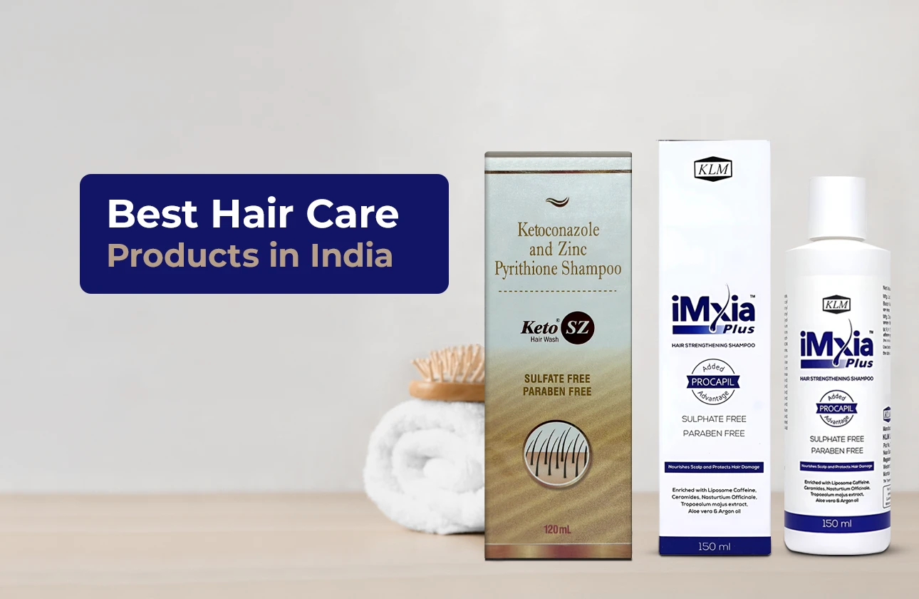 Hair care products , Keto SZ and iMxai Plus shampoos, displayed on a light background with white towels and a brush.