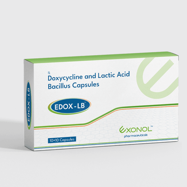 A white and green box labeled “Doxycycline and Lactic Acid Bacillus Capsules,” brand name “EDOX-LB,” with “10×10 Capsules” printed near the bottom.